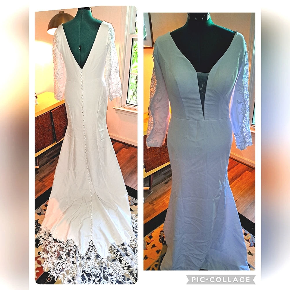 Fitted wedding white dress with button back and train size 12